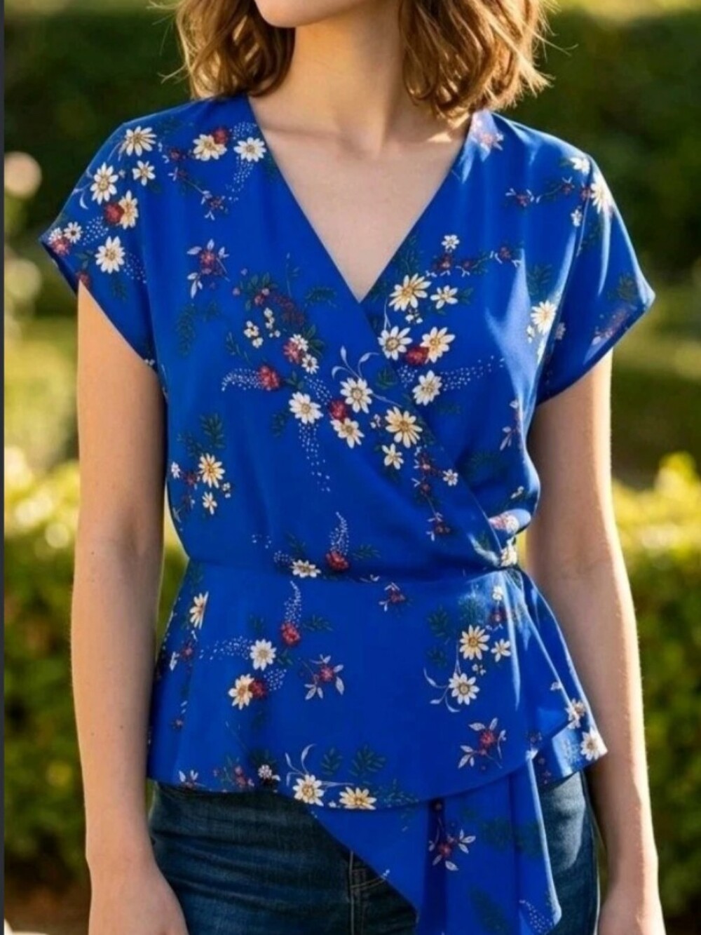 Vince Camuto Royal Blue Floral Asymmetrical Top